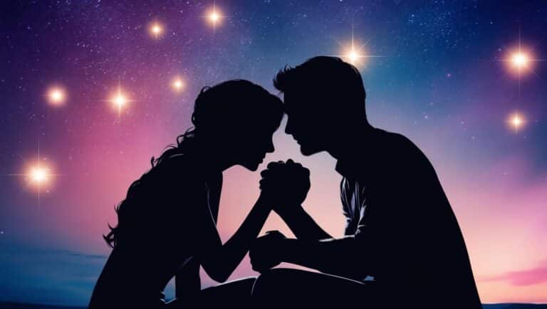 Do livro A Culpa é das Estrelas, Silhueta de um casal de mãos dadas, com as testas encostadas, sob um céu estrelado com tons de roxo e azul ao anoitecer. A imagem remete ao romance e à conexão especial entre duas pessoas, inspirada na atmosfera mágica de A Culpa é das Estrelas