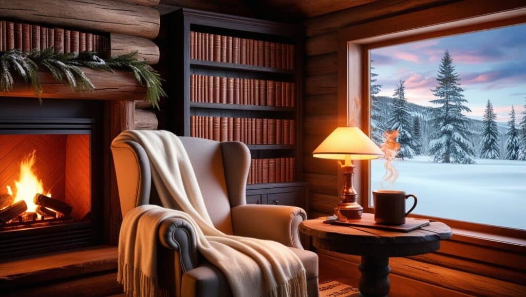 Interior de uma cabana decorada para leitura, com poltrona, lareira, estante de livros e uma vista de inverno pela janela.