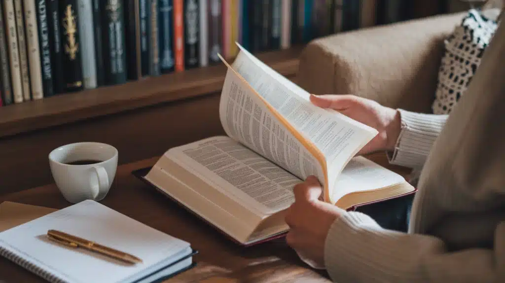 Pessoa folheando um livro cristão com uma xícara de café ao lado e uma estante de livros religiosos ao fundo.