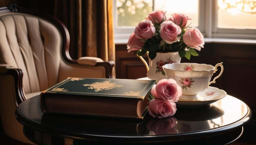 Livro Orgulho e Preconceito, de capa elegante sobre uma mesa com xícara de chá e rosas ao lado, evocando a atmosfera clássica de Orgulho e Preconceito.