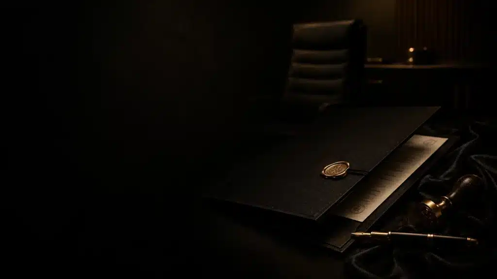 Autoridade sem audiência representada por contrato B2B fechado no silêncio em ambiente executivo escuro com pasta preta, selo dourado e caneta de luxo