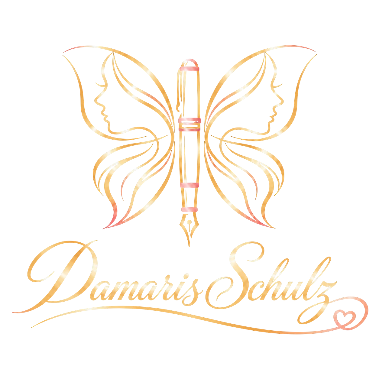 Logotipo Damaris Schulz com borboleta, caneta e coração.